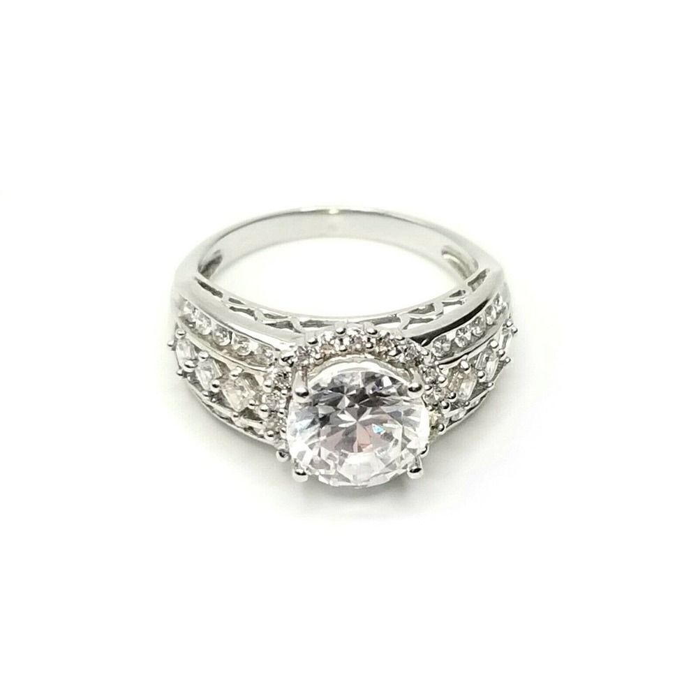 Round Cubic Zirconia Ring 925 Sterling Silver Size 8.5 Clear Sparkle Signed Med